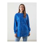 LC Waikiki LCWAIKIKI Classic Mavi Bisiklet Yaka Desenli Oversize Kadın Sweatshirt Tunik