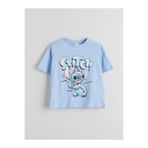 LC Waikiki Mavi Bisiklet Yaka Stitch Baskılı Kız Çocuk Tişört