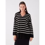 LC Waikiki Polo Yaka Çizgili Uzun Kollu Oversize Kadın Triko Kazak - Black Striped - XS - S