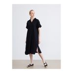 LC Waikiki Siyah Gömlek Yaka Dokulu Oversize Müslin Elbise