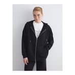LC Waikiki Siyah Kapüşonlu Oversize Kadın Fermuarlı Sweatshirt