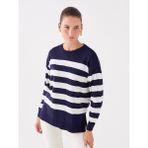Lc Waikiki Yeni Sezon Bisiklet Yaka Çizgili Uzun Kollu Oversize Kadın Triko Kazak - Lacivert - XL - 2XL