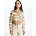 Lc Waikiki Yeni Sezon Polo Yaka Çizgili Uzun Kollu Crop Kadın Triko Kazak - Bej - M