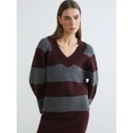 Lc Waikiki Yeni Sezon V Yaka Çizgili Oversize Kadın Triko Kazak - Bordo - XL - 2XL
