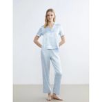 Lcw Dream Mavi Gömlek Yaka Desenli Saten Kadın Pijama Takım - XL