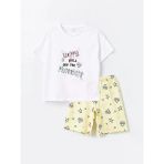 Lcw Kids Beyaz Bisiklet Yaka Baskılı Kısa Kollu Kız Çocuk Şortlu Pijama Takımı