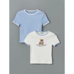 Lcw Kids Ekru Bisiklet Yaka Ayı Teddy Baskılı Kız Çocuk Crop Tişört 2'li
