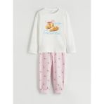 Lcw Kids Ekru Bisiklet Yaka Baskılı Kız Çocuk Pijama Takımı