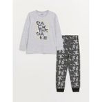 Lcw Kids Gri Bisiklet Yaka Baskılı Uzun Kollu Erkek Çocuk Pijama Takımı