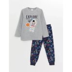 Lcw Kids Gri Bisiklet Yaka Baskılı Uzun Kollu Polar Erkek Çocuk Pijama Takımı