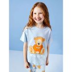 Lcw Kids Mavi Bisiklet Yaka Baskılı Kısa Kollu Kız Çocuk Pijama Takımı
