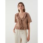 Lcw Vision Kahverengi V Yaka Önü Fiyonklu Fırfırlı Crop Bluz