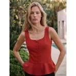 Lcw Vision Kırmızı Kare Yaka Düğmeli Peplum Bluz