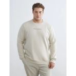 Lcwaıkıkı Classic Bej Büyük Beden Bisiklet Yaka Baskılı Kalın Erkek Sweatshirt