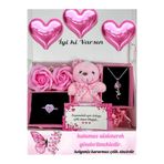 Le Manolia Accessories kararmaz çelik zirkon gül kolye ve pembe kalp yüzük ve kokullu güllü hediye seti sepeti