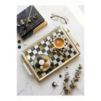 Le Paon Siyah Beyaz Dama Desenli Cam Kahve Tepsisi - 46x28 cm Modern Dekoratif Sunum Tepsisi