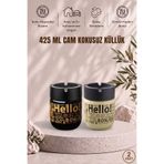LE PARİS Hello Baskılı 2 Adet Cam Kokusuz Küllük | Dumansız | Rüzgar Önleyici Kapaklı Dekoratif Cam Küllük | 425 ML | Siyah Sarı