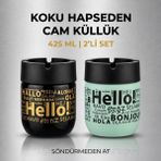 LE Paris Hello Baskılı 2 Adet Cam Kokusuz Küllük | Dumansız | Rüzgar Önleyici Kapaklı Dekoratif Cam Küllük | 425 ml - Siyah - Yeşil