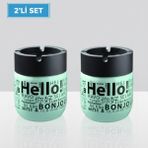 LE Paris Hello Baskılı 2 Adet Cam Kokusuz Küllük | Dumansız | Rüzgar Önleyici Kapaklı Dekoratif Cam Küllük | 425 ML | Yeşil