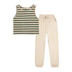 Le Tyerisa Kadın Pijama Seti Yuvarlak Yaka İki Parçalı Pijama Kolsuz Çizgili Üst ve Tek Renkli Pantolon Haki, Haki., M