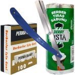 Leaf Shop Berber Jileti 100'LÜ Paket, Derby Usta 75G Tıraş Sabunu, Ali Bıyıklı Ustura Seti
