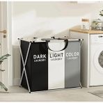 Leaf Shop Home 3 Bölmeli Katlanabilir Çamaşır Sepeti – Siyah, Beyaz ve Gri Renklerde, Dayanıklı ve Şık Tasarım, Makinede Yıkanabilir Kumaşlı, Alüminyum Gövdeli, 64X42X58 cm Boyutlarında
