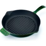 Leaf Shop Premium Serisi - Döküm Izgara Tavası, Yuvarlak, 28 Cm, Yekpare Saplı, Emaye, Majolik Yeşil