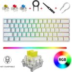 Leaven K620 Rainbow Aydınlatmalı 61 Tuş Kablolu Hot Swap Mekanik Klavye-3 Adet Switch ile Birlikte - Sarı Switch - Beyaz