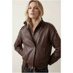 Lebeni Kahverengi Gerçek Kuzu Derisi Kadın Deri Ceket – Modern Biker Bomber Stil