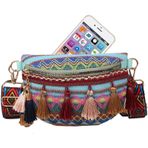 Lecerrot Bel çantası Vintage halk stilinde, askılı çanta Boho tarzı, hafif ve uzun ömürlü renkli omuz çantası, kadın, püsküllü etnik tarz kemer çantası, çok renkli, göğüs cebi kadın Boho