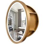 LED Aydınlatmalı Banyo Aynalı Makyaj Dolabı, Yuvarlak Ahşap Duvara Monte Edilebilir Saklama Ünitesi, Akıllı Dokunmatik Anahtarlı, Tamamen Monte Edilmiş, Kahverengi, 70cm (Altın 60cm)