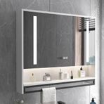LED Aynalı Duvara Monte Akıllı İlaç Dolabı, Buğu Çözücü ve Kademesiz Karartma - Makyaj ve Cilt Bakımı için Depolama ve Zaman Göstergeli Banyo Vanity Aynası.