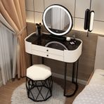 LED Aynalı Modern Makyaj Makyaj Seti, Yatak Odası Tuvalet Masası, Döşemeli Tabure, 2 Büyük Çekmece, Siyah Temperli Cam Fikir, Beyaz ve Siyah, 60 cm