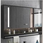 LED Işıkları ile Modern Akıllı İlaç Dolabı Anti Sis Aynası Sıcaklık Göstergesi Saat Havlu Bar Dokunmatik Anahtarı Şık Banyo Depolama nizer (Siyah)