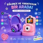 LED Işıklı Kedi Kulaklık + Çocuk Kamerası Seti (Bluetooth Kulaklık & Eğlenceli Fotoğraf Makinesi) - Pembe - Mor