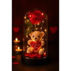 LED Işıklı Mika Fanus Içinde Gül ve Lüx Peluş Ayıcık – 20 cm Sevgiliye Hediye - 001-Renkli