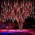 LED Meteor Yağmuru Güneş Işığı Bahçe, Su Geçirmez 30 cm 10 Tüp 360 LED Düşen Yağmur Damlası Basamaklı Buz Sarkıtı, Tatil Partisi Düğün Noel Ağacı Dekorasyonu için Dekoratif Şerit Işıklar (Kırmızı)