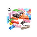 LEDONLİNE 100 Adet Mini Mandal 10 Metre Hasır Ip Fotoğraf Süsleme Mandalı