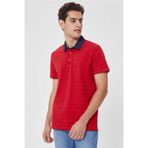 Lee Cooper Matty Erkek %100 Pamuk Denim Yaka T-Shirt Kırmızı Çizgili