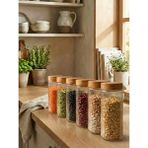 leela Home 6'lı Set Ahşap Desen Kapaklı Cam Saklama Kabı 1350 ml - Açık Kahve - 1,35 lt - Açık Kahverengi