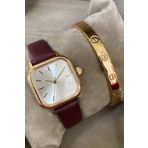 Leerybee Cartier Bileklik Hediyeli Minimal Kasa Kare Kadran Bordo Deri Kordon Kadın Kol Saati Özel Kutulu
