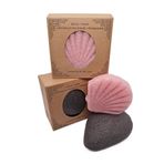 Leirinik %100 Konjac organik temizleme süngeri, 2 adet siyah + pembe, damla şeklinde, midye şeklinde, yüz ve vücut için yumuşak peeling – yağlı, kuru, karışık ve hassas ciltler için