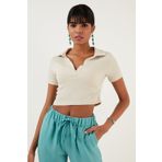 Lela 5865035 Taş Slim Fit Polo V Yaka Crop Kadın Bluz