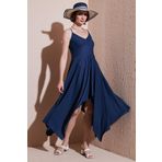 Lela Asimetrik Kesim Regular Fit Midi Boy Askılı V Yaka Bayan Elbise 5866131 İNDİGO