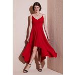 Lela Asimetrik Kesim Regular Fit Midi Boy Askılı V Yaka Bayan Elbise 5866131 KIRMIZI