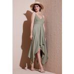 Lela Asimetrik Kesim Regular Fit Midi Boy Askılı V Yaka Bayan Elbise 5866131 Olive