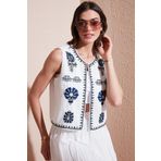 Lela Astarlı Nakış İşlemeli Regular Fit Yuvarlak Yaka Crop Bayan Yelek 611YL129 EKRU
