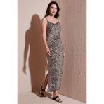 Lela Büzgü Detaylı Slim Fit Yırtmaçlı Uzun Boy Asimetrik Yaka Bayan Elbise 5866291 LEOPAR