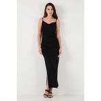 Lela Büzgü Detaylı Slim Fit Yırtmaçlı Uzun Boy Asimetrik Yaka Elbise Bayan ELBİSE 5866291