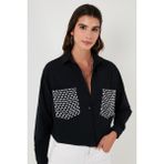 Lela Cepleri Taş Detaylı % 100 Pamuk Oversize Gömlek Bayan Gömlek 51444781 - Siyah